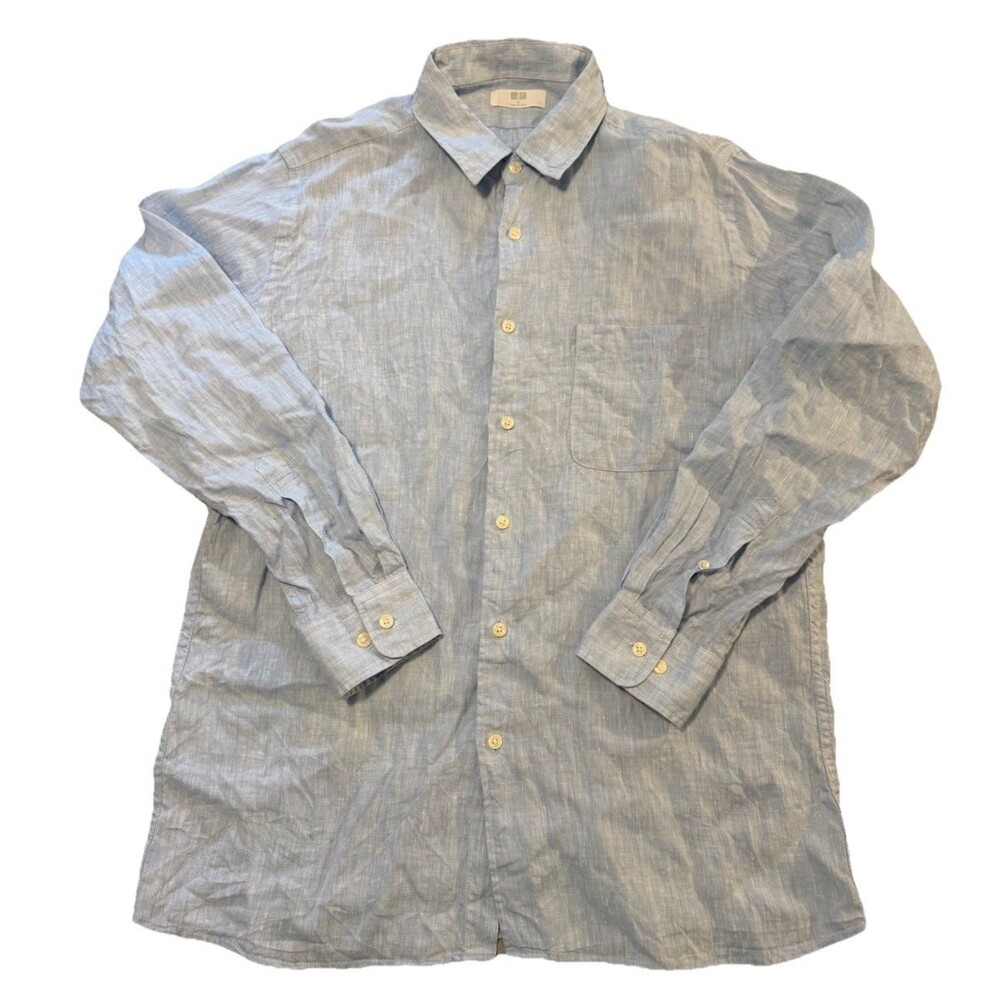 Uniqlo Shirt Mens XL Linen Long Sleeve Button Up Solid Blue Casual Summer